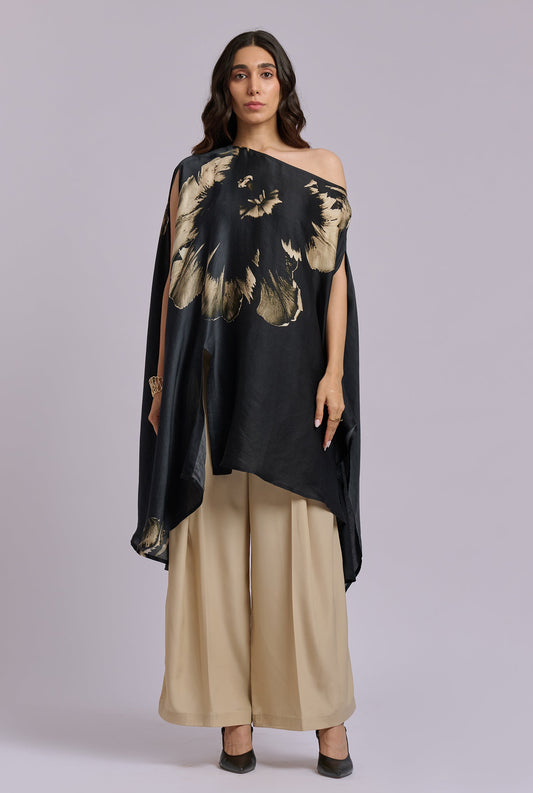 Dahlia Black and Gold Flower Print One Shoulder Kaftan Co-ord Set