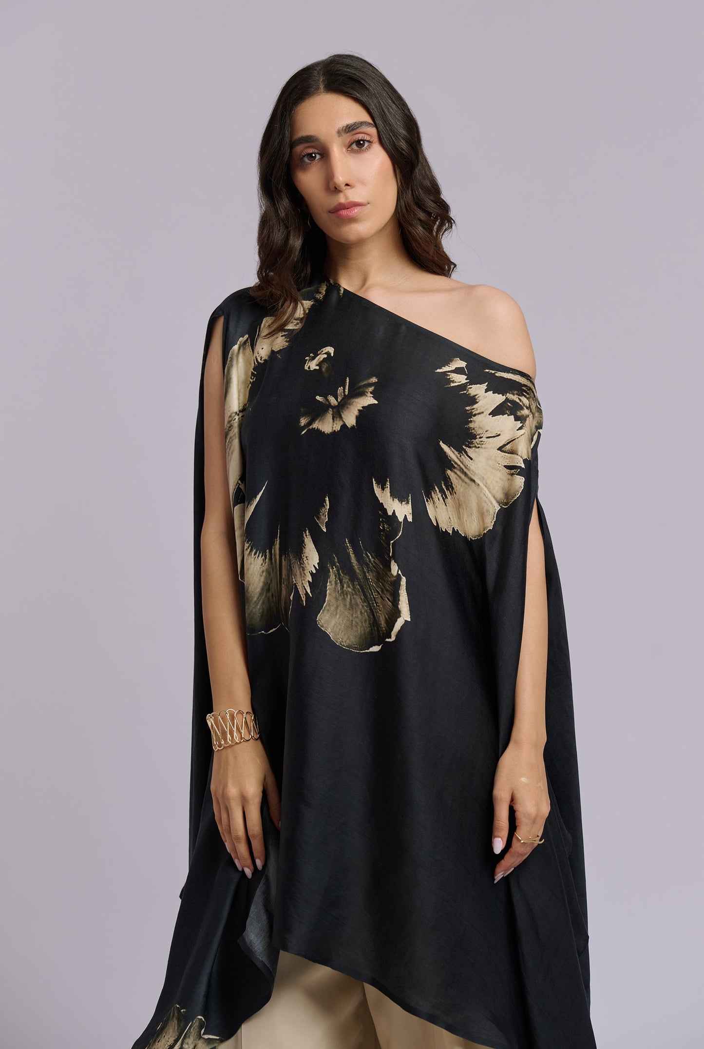Dahlia Black and Gold Flower Print One Shoulder Kaftan Co-ord Set