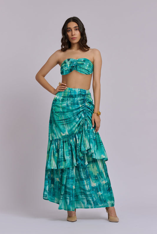 Ariel Blue and Green Brushstroke Print Bustier with Ruffle  Skirt