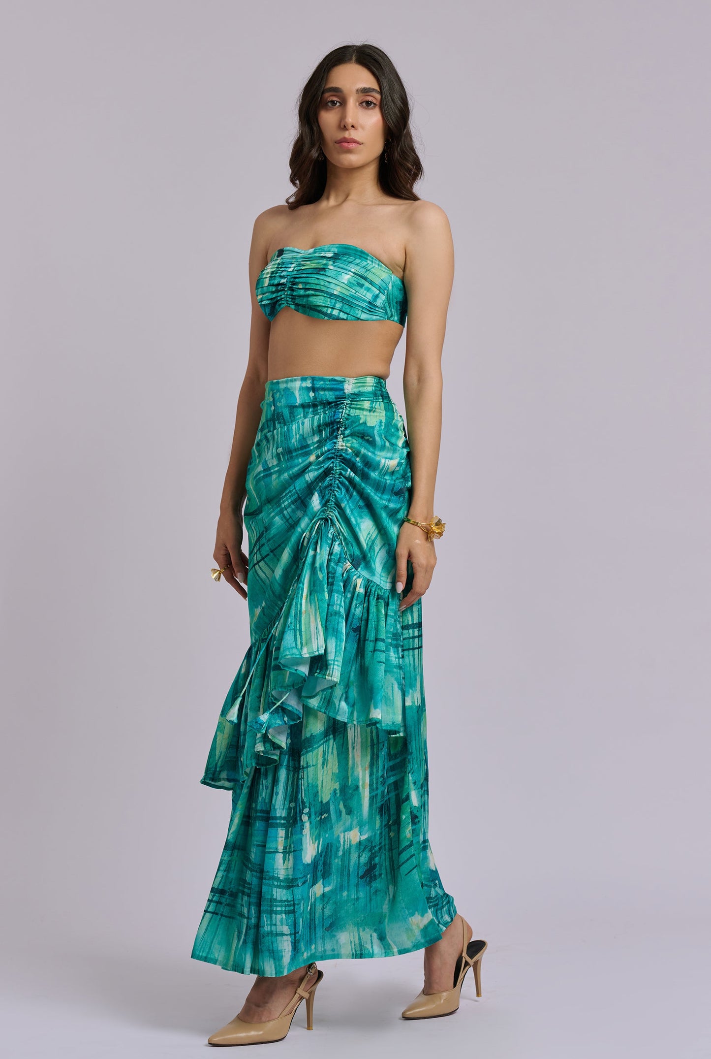 Ariel Blue and Green Brushstroke Print Bustier with Ruffle  Skirt