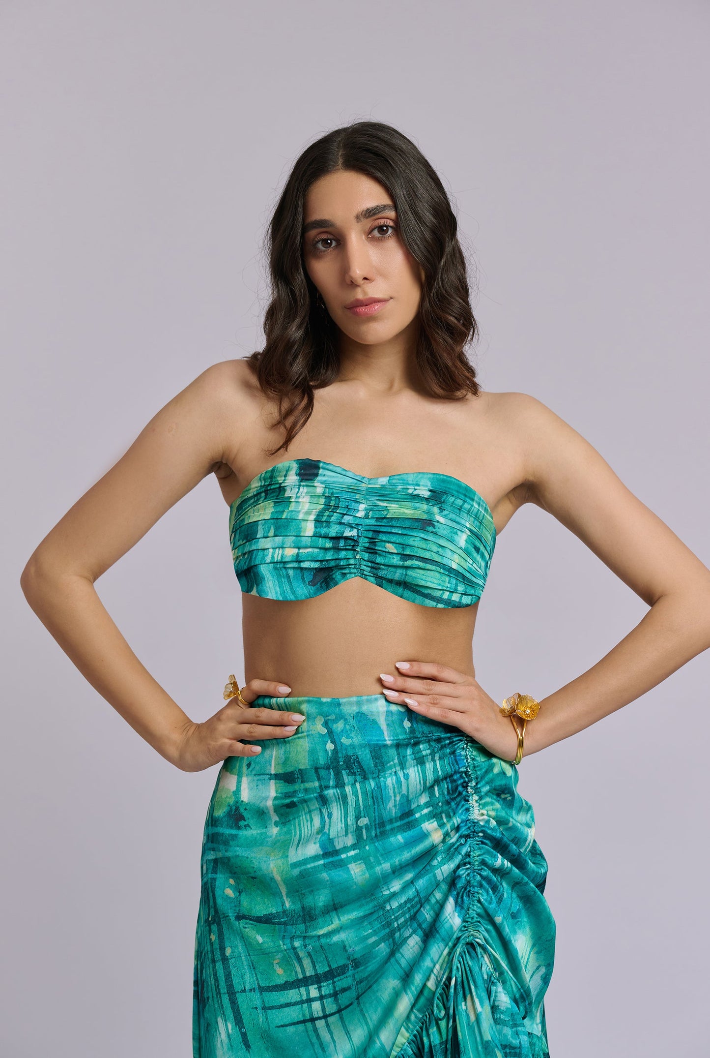 Ariel Blue and Green Brushstroke Print Bustier with Ruffle  Skirt