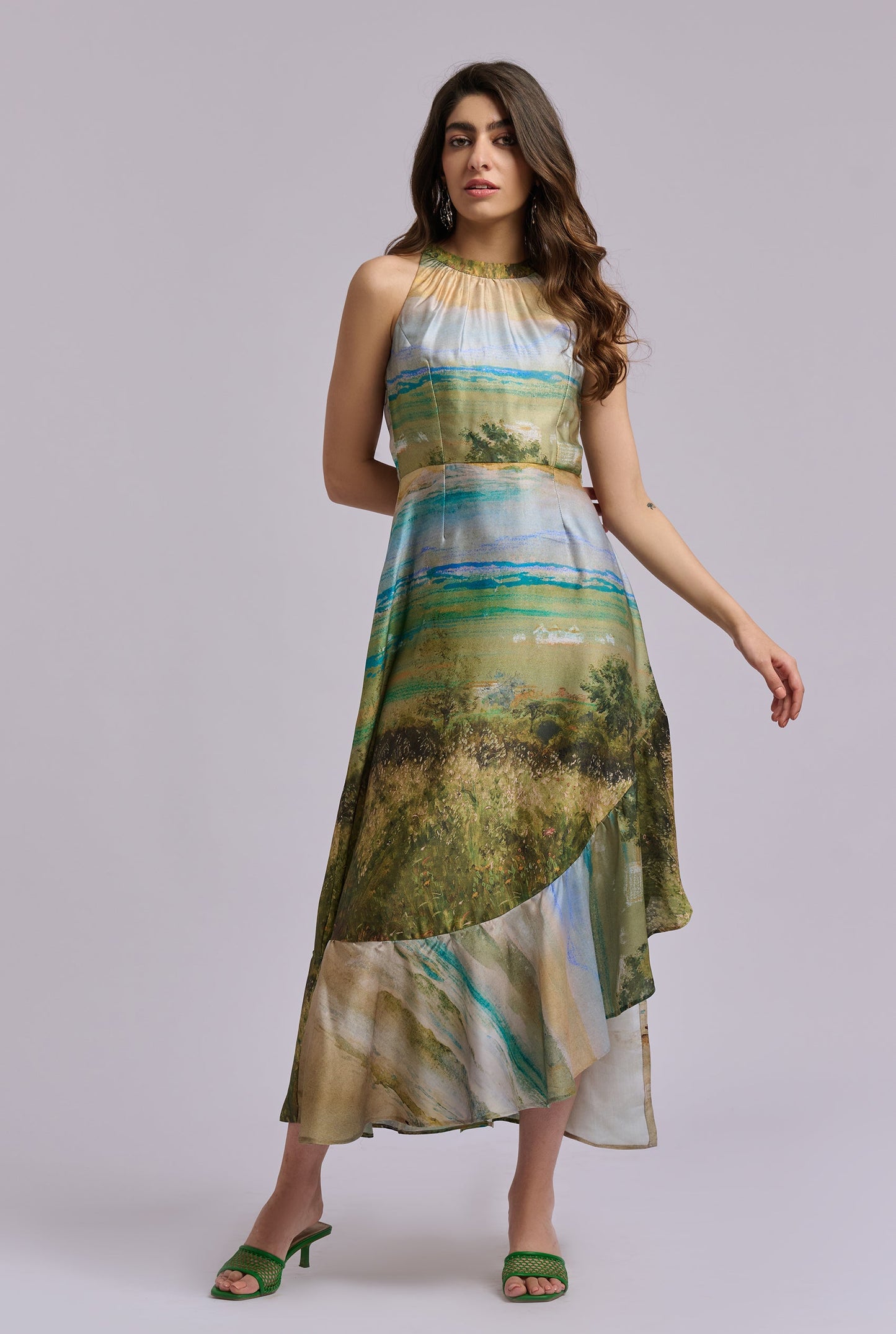 Meadowmist Scenery Print Halter Neck Flowy Midi Dress