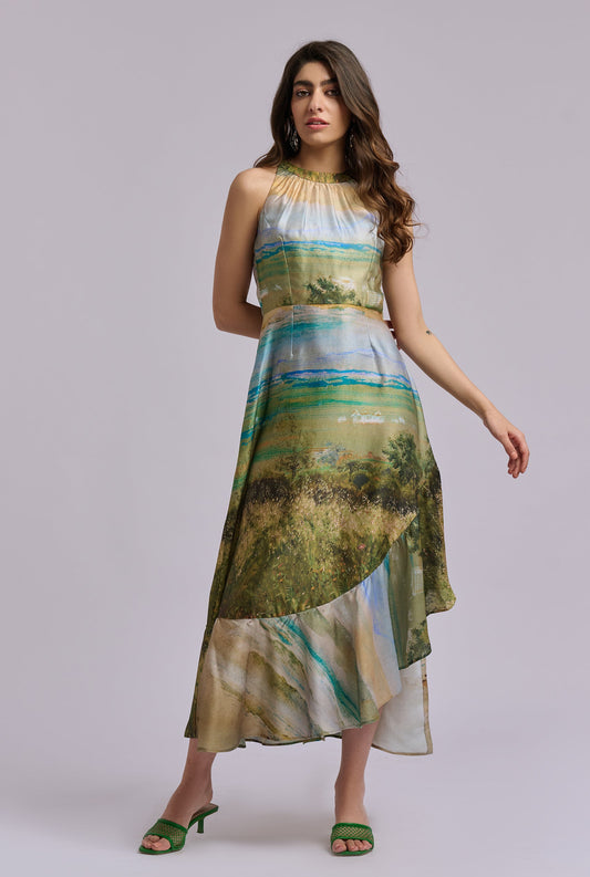 Meadowmist Scenery Print Halter Neck Flowy Midi Dress