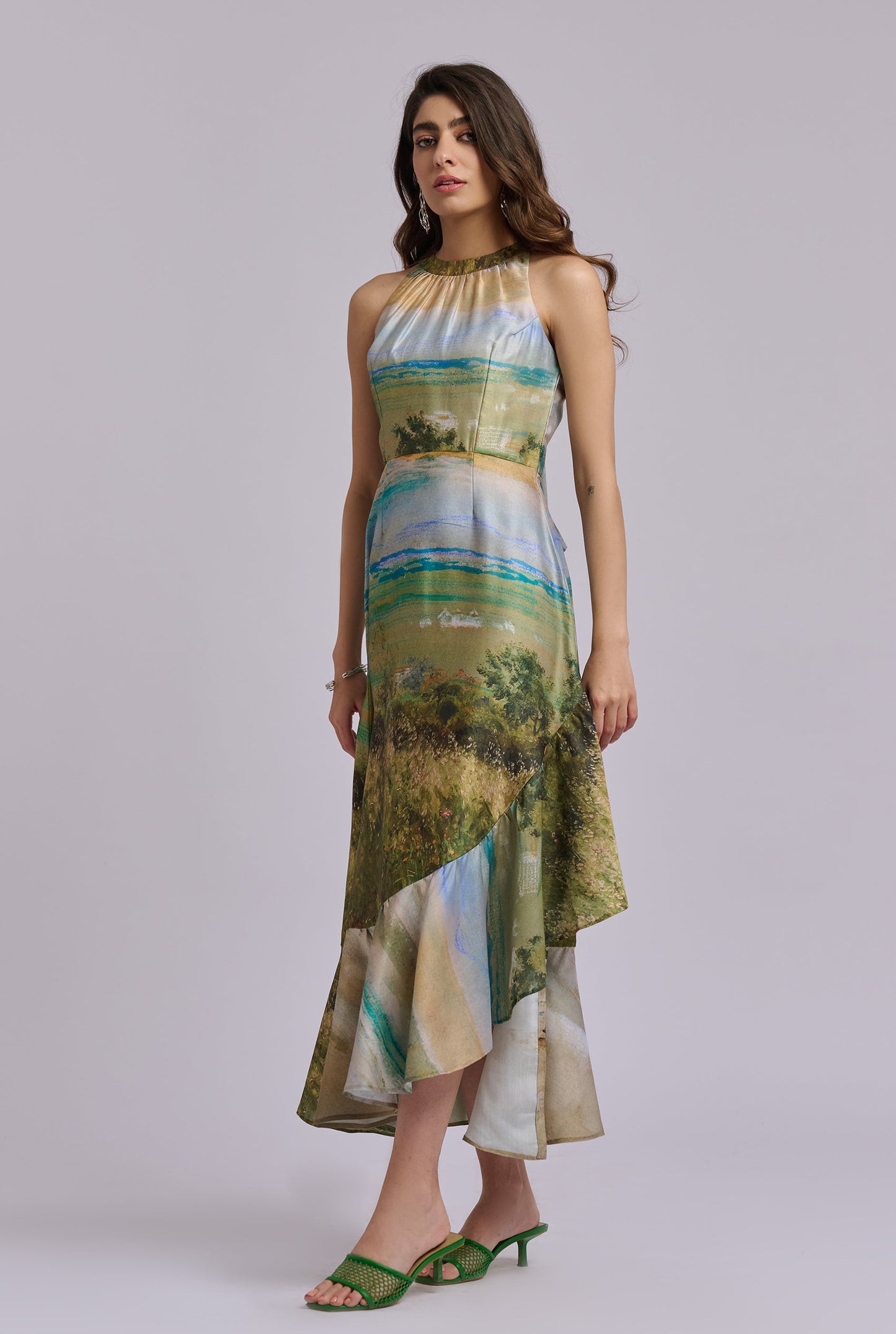 Meadowmist Scenery Print Halter Neck Flowy Midi Dress