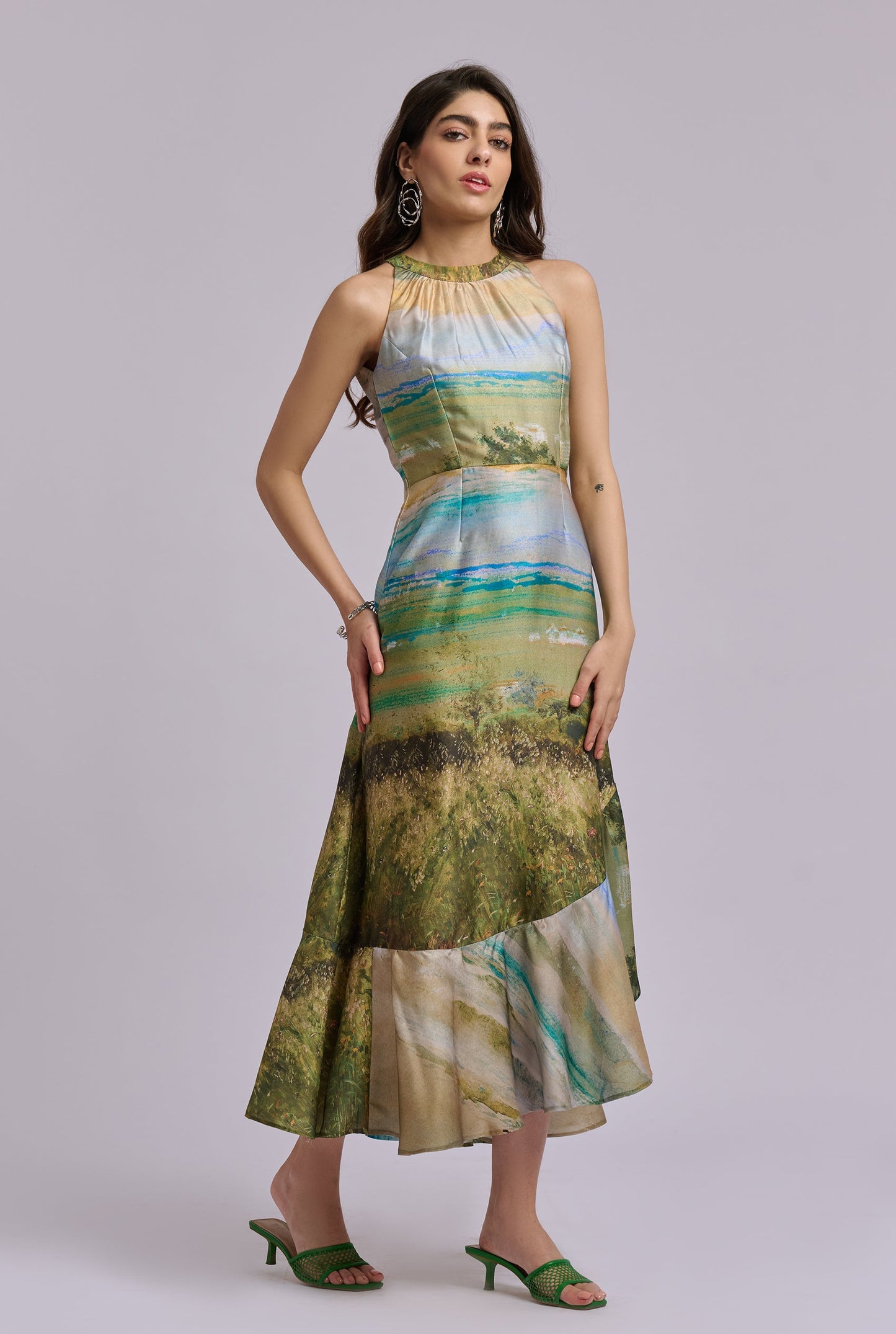 Meadowmist Scenery Print Halter Neck Flowy Midi Dress