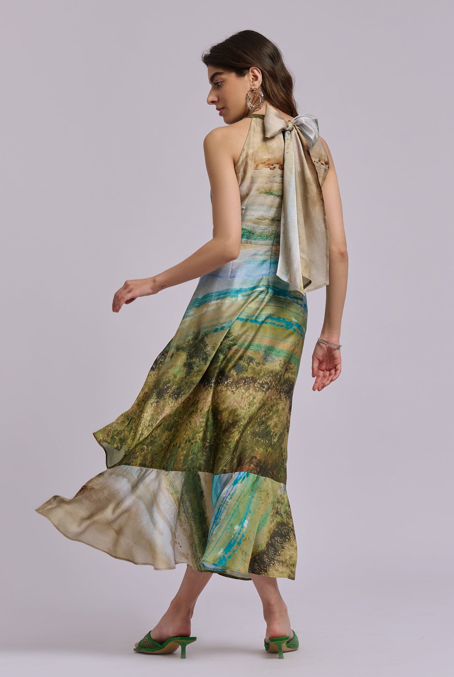 Meadowmist Scenery Print Halter Neck Flowy Midi Dress