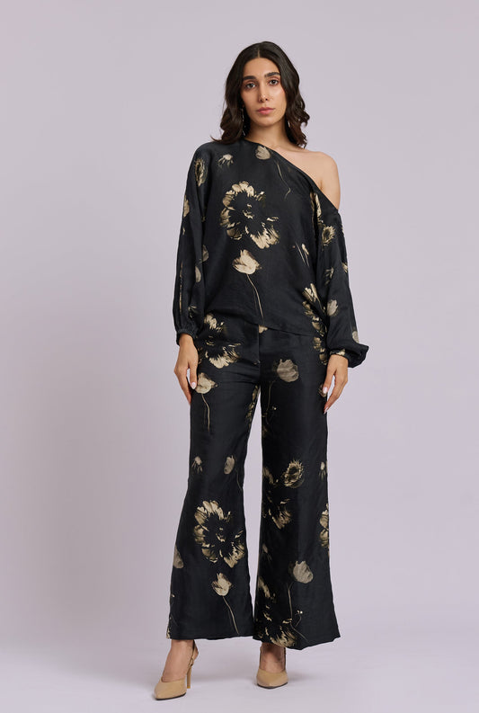 Carmen Black and Gold Flower Print Off Shoulder Co-ord Set