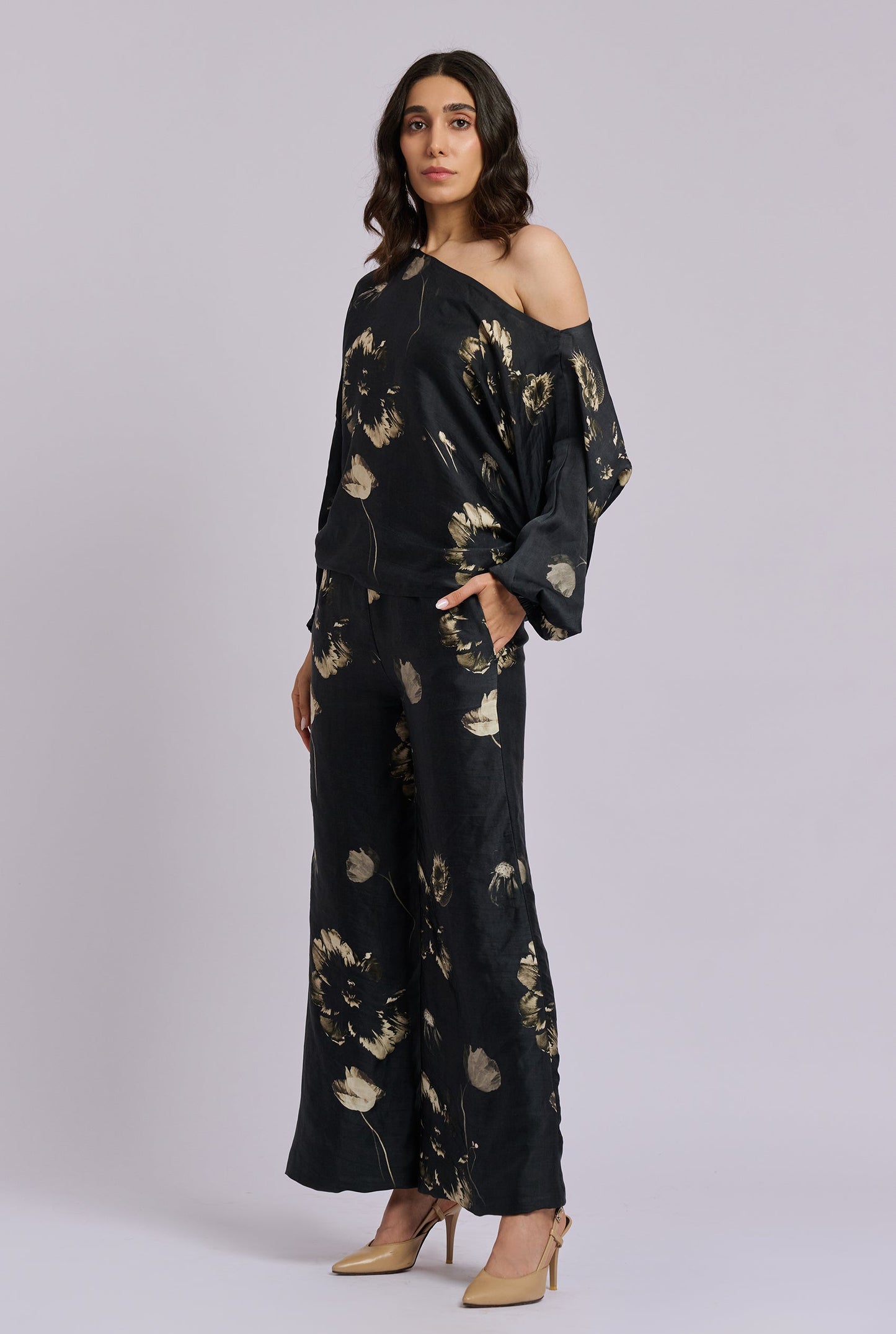 Carmen Black and Gold Flower Print Off Shoulder Co-ord Set