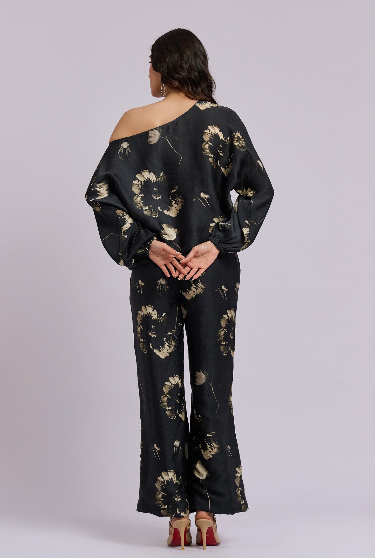 Carmen Black and Gold Flower Print Off Shoulder Co-ord Set