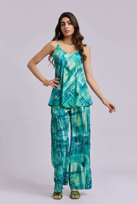 Aquaflow Blue and Green Brush stroke print Strappy Co-ord Set
