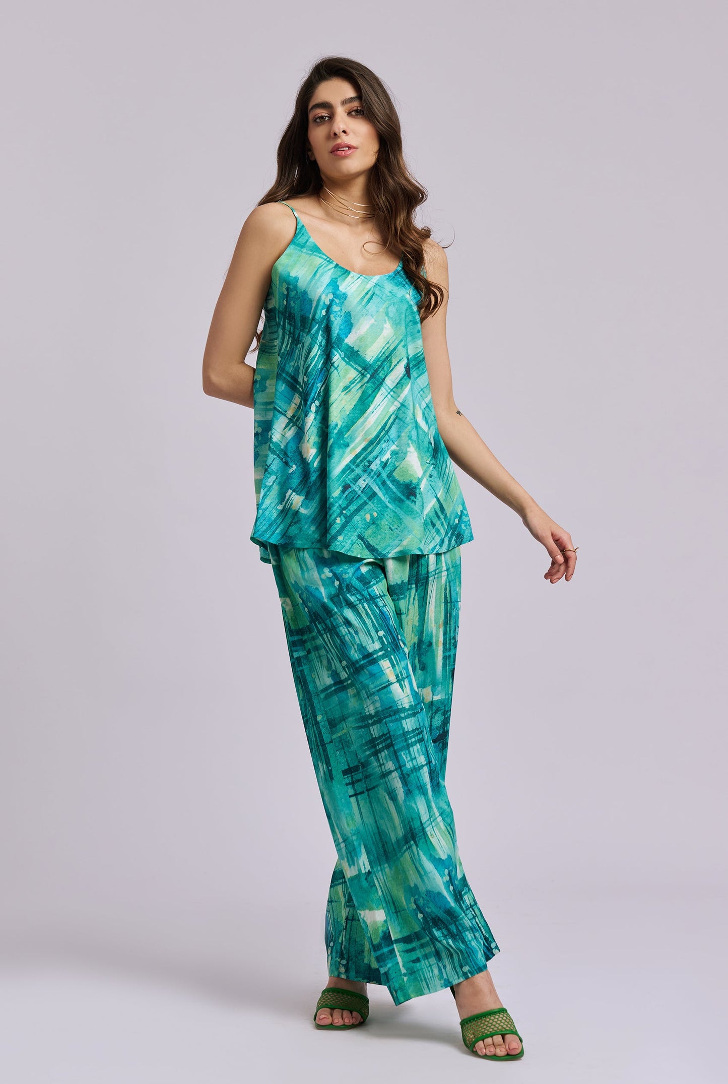 Aquaflow Blue and Green Brush stroke print Strappy Co-ord Set