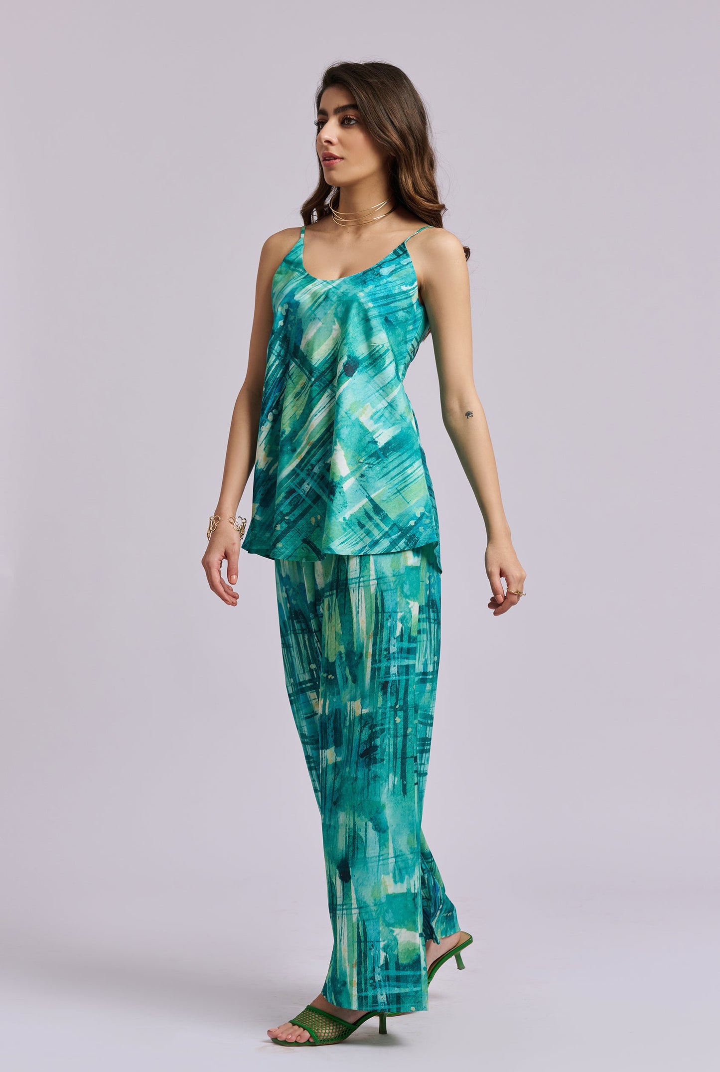 Aquaflow Blue and Green Brush stroke print Strappy Co-ord Set