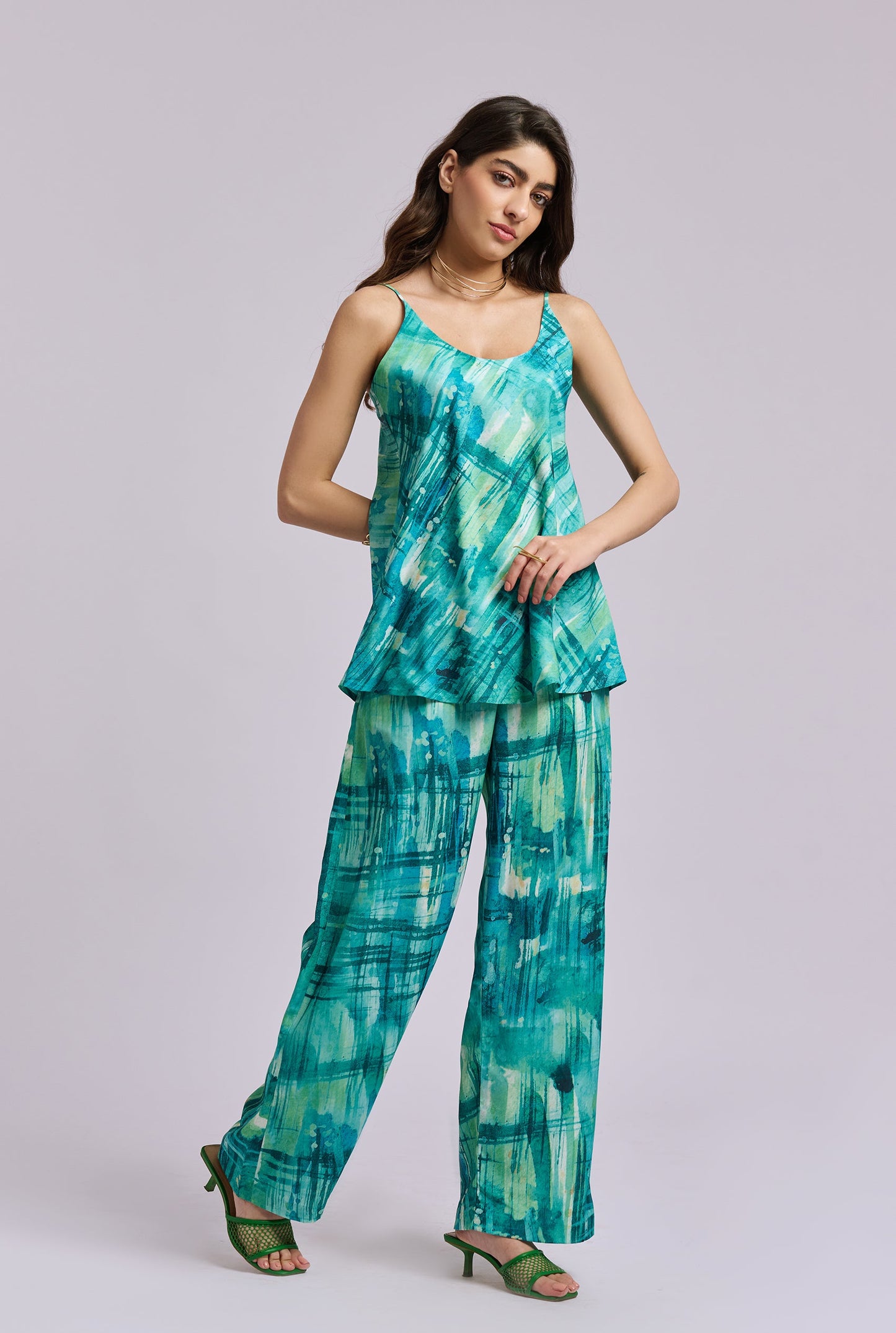 Aquaflow Blue and Green Brush stroke print Strappy Co-ord Set