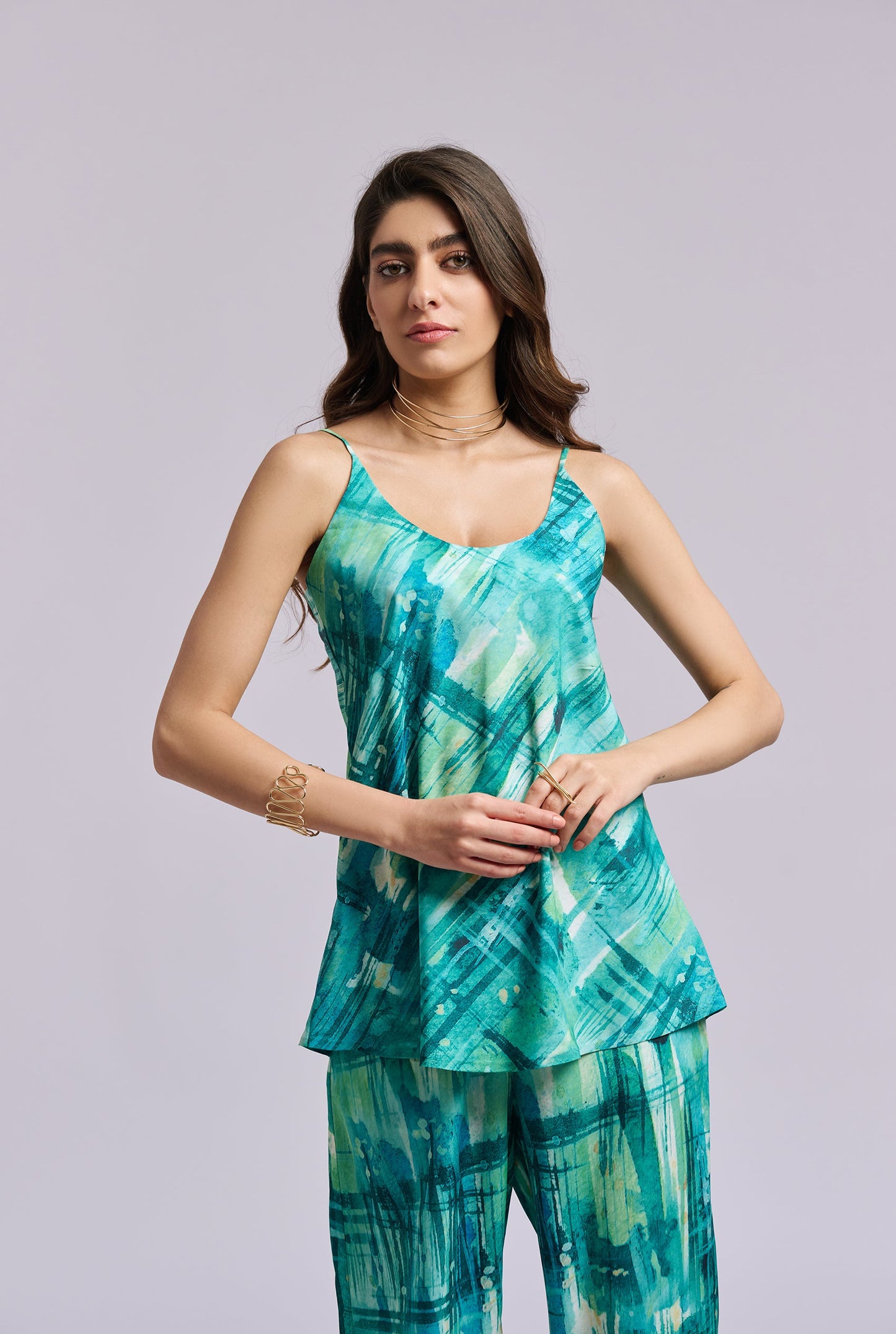 Aquaflow Blue and Green Brush stroke print Strappy Co-ord Set