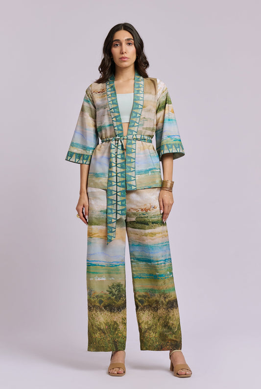 Aurelia Scenery Print Three Piece Co-ord Set with Bustier, Pants and Kimono style Top