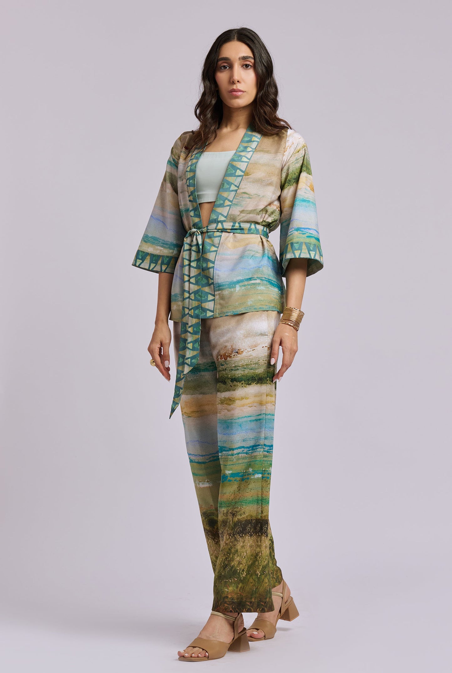 Aurelia Scenery Print Three Piece Co-ord Set with Bustier, Pants and Kimono style Top