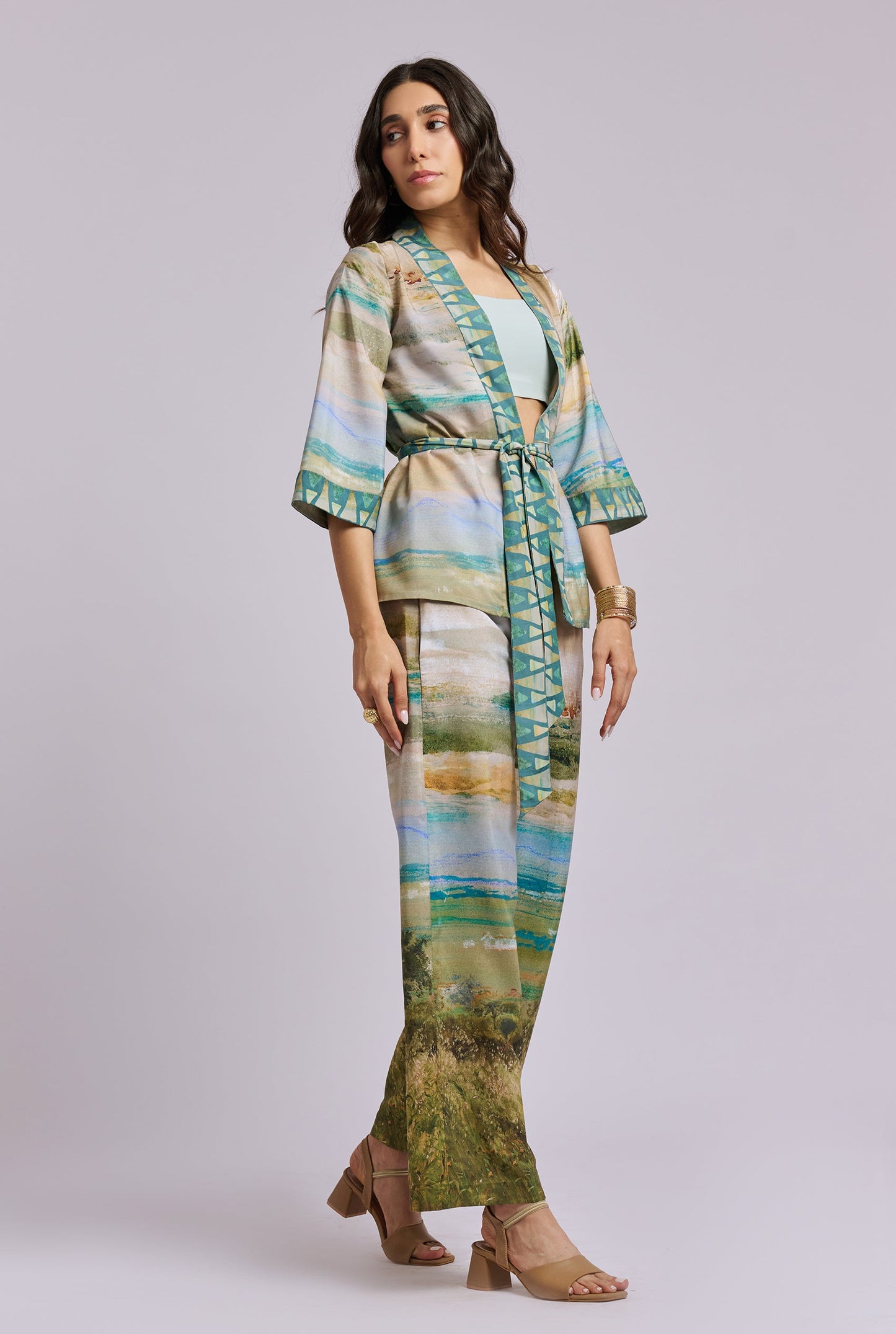Aurelia Scenery Print Three Piece Co-ord Set with Bustier, Pants and Kimono style Top