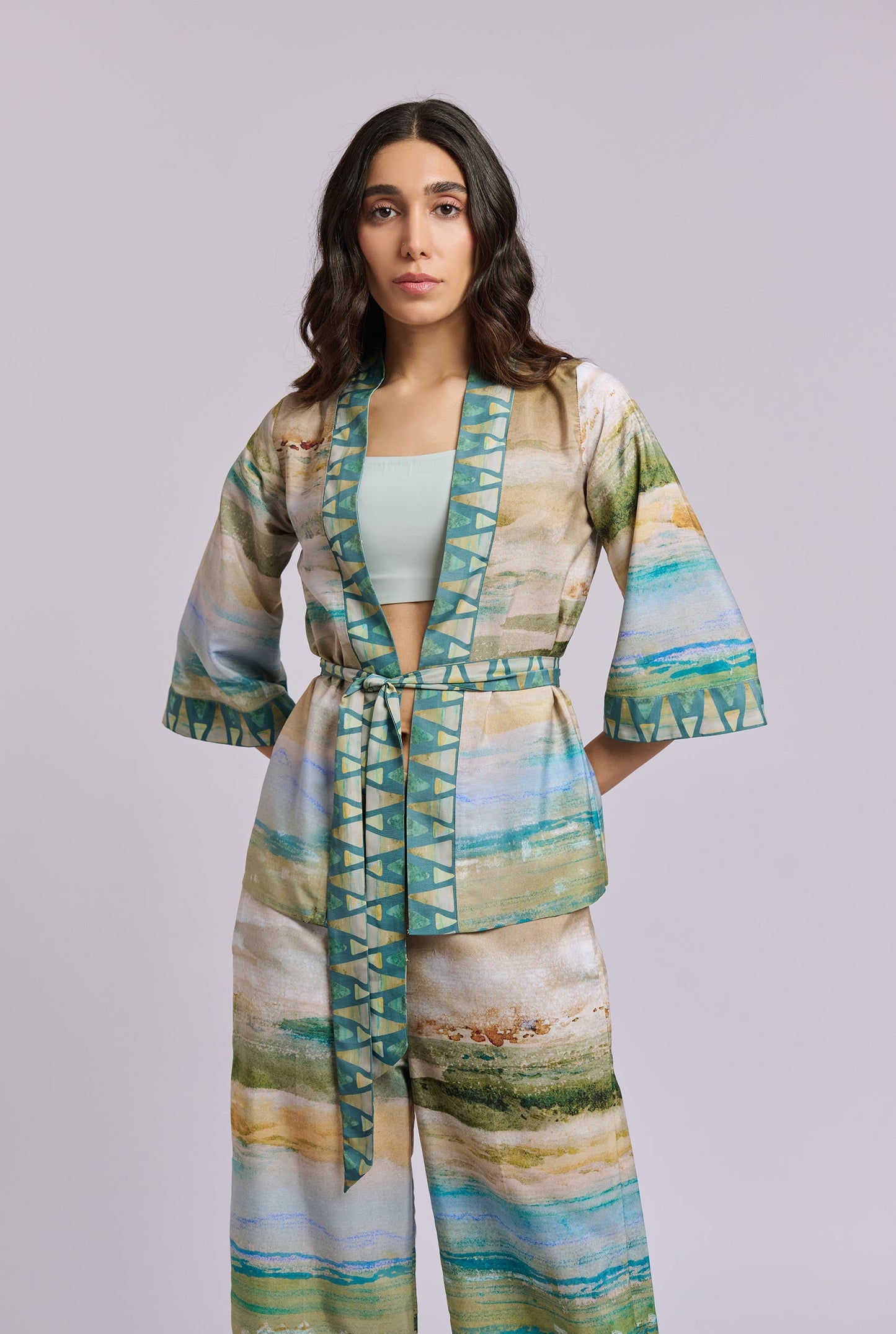 Aurelia Scenery Print Three Piece Co-ord Set with Bustier, Pants and Kimono style Top