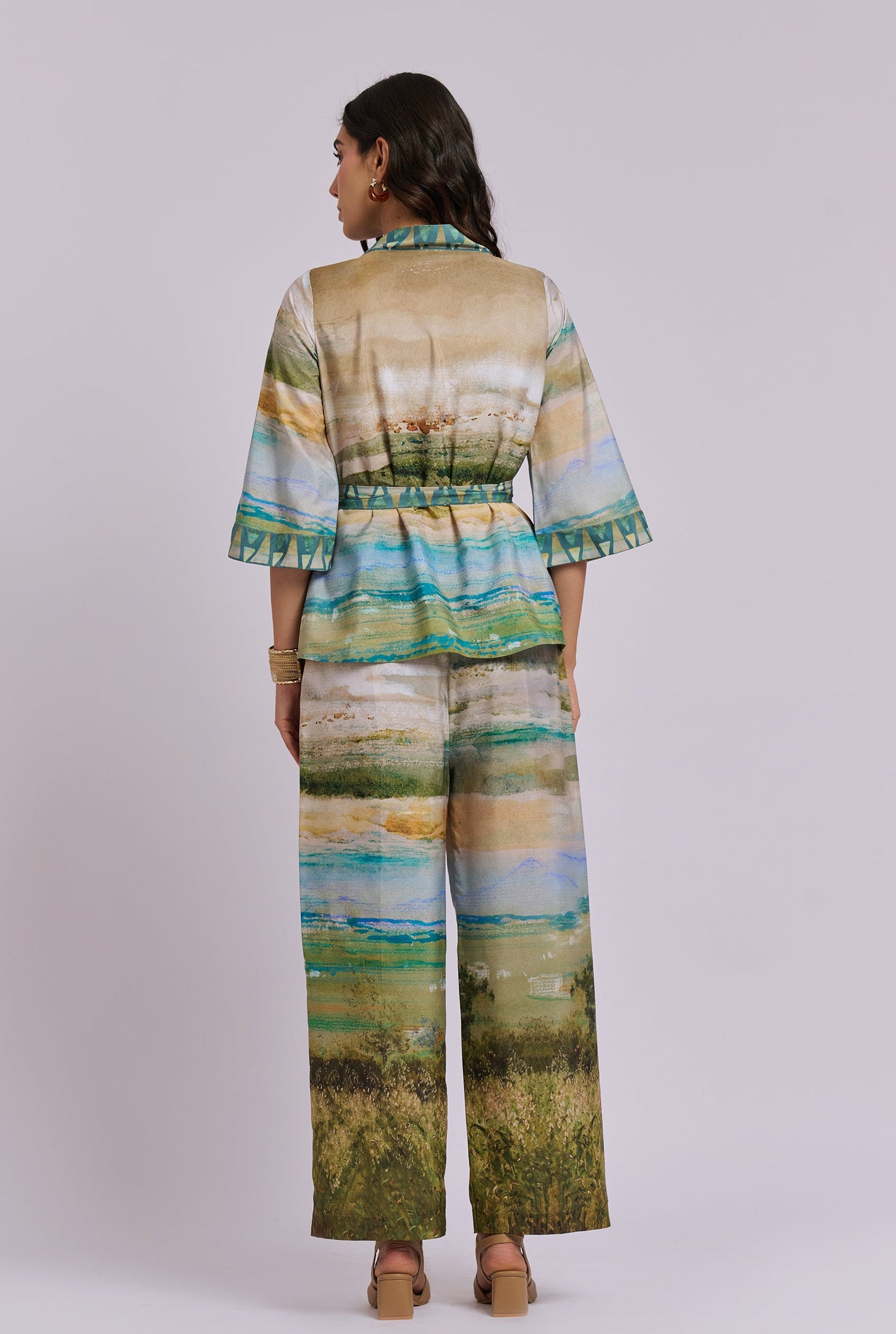 Aurelia Scenery Print Three Piece Co-ord Set with Bustier, Pants and Kimono style Top