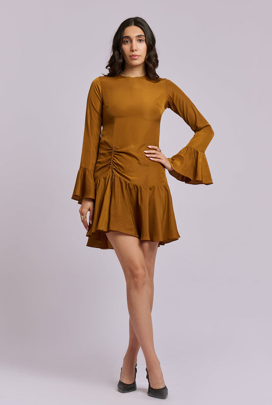 Vivian Golden Brown Full Sleeve Fitted dress with a Slight Flare