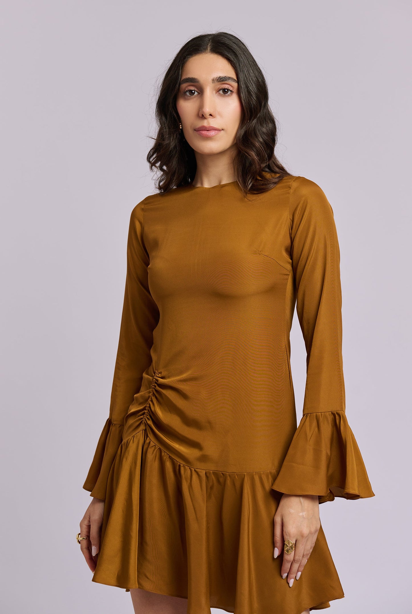 Vivian Golden Brown Full Sleeve Fitted dress with a Slight Flare