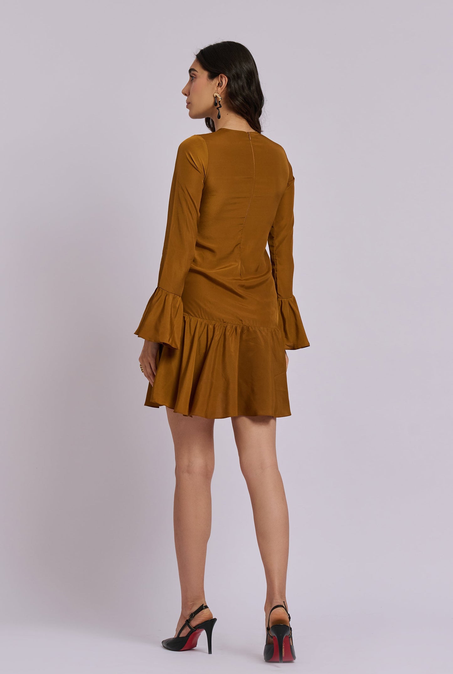 Vivian Golden Brown Full Sleeve Fitted dress with a Slight Flare