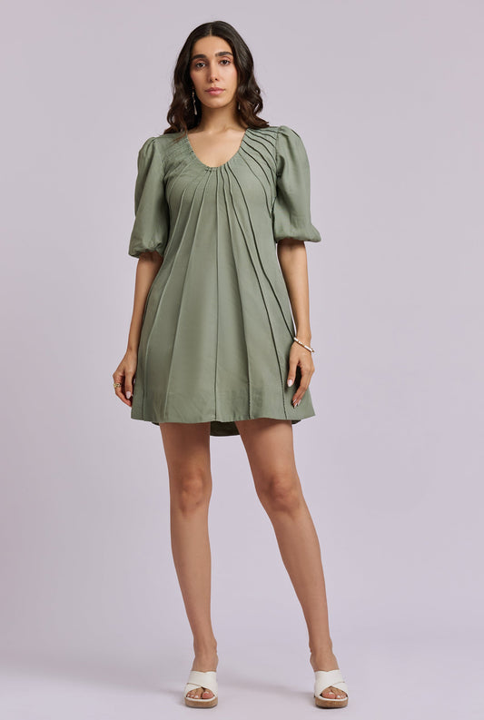 Natalia Green Piping short Dress with Puff Sleeves