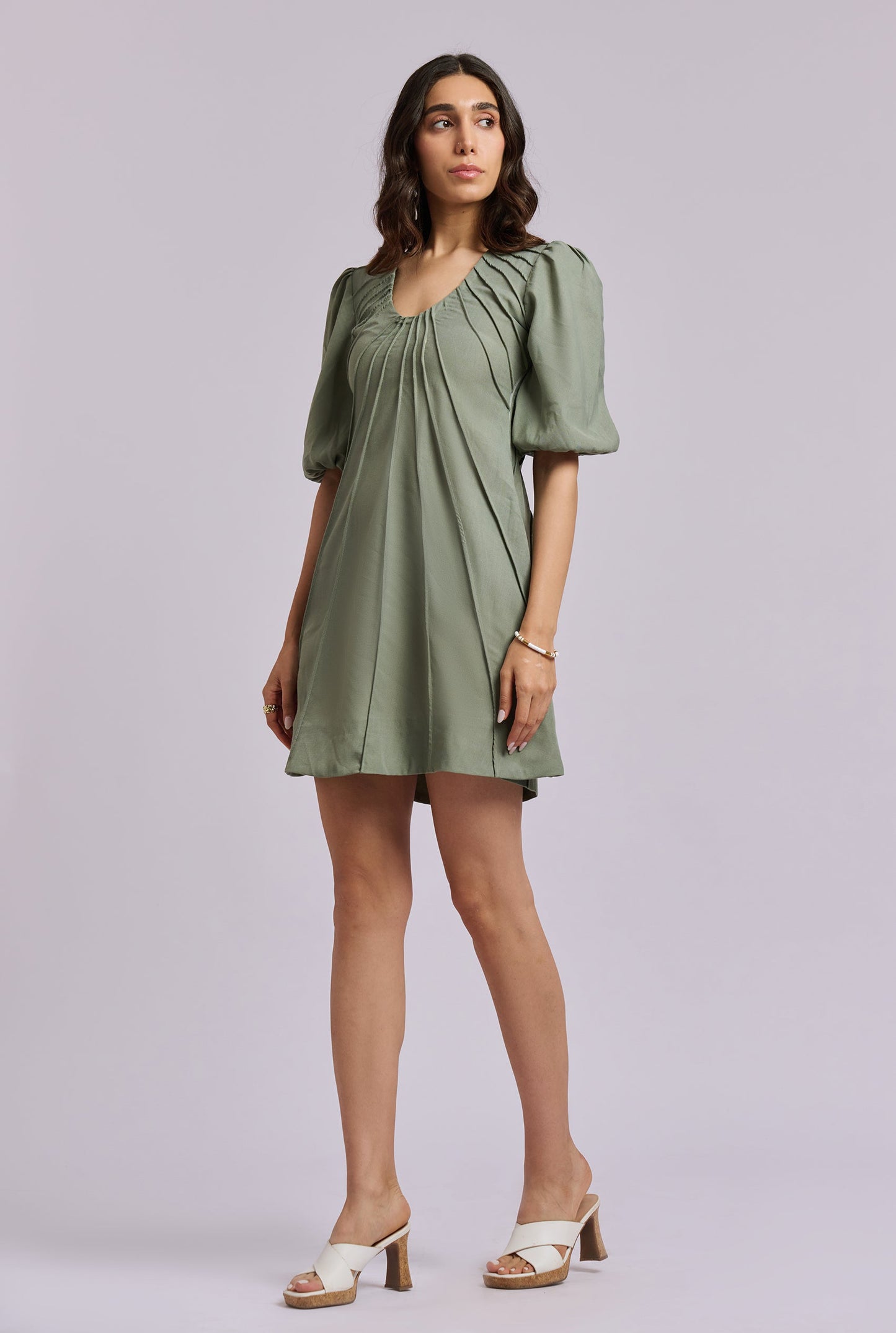 Natalia Green Piping short Dress with Puff Sleeves