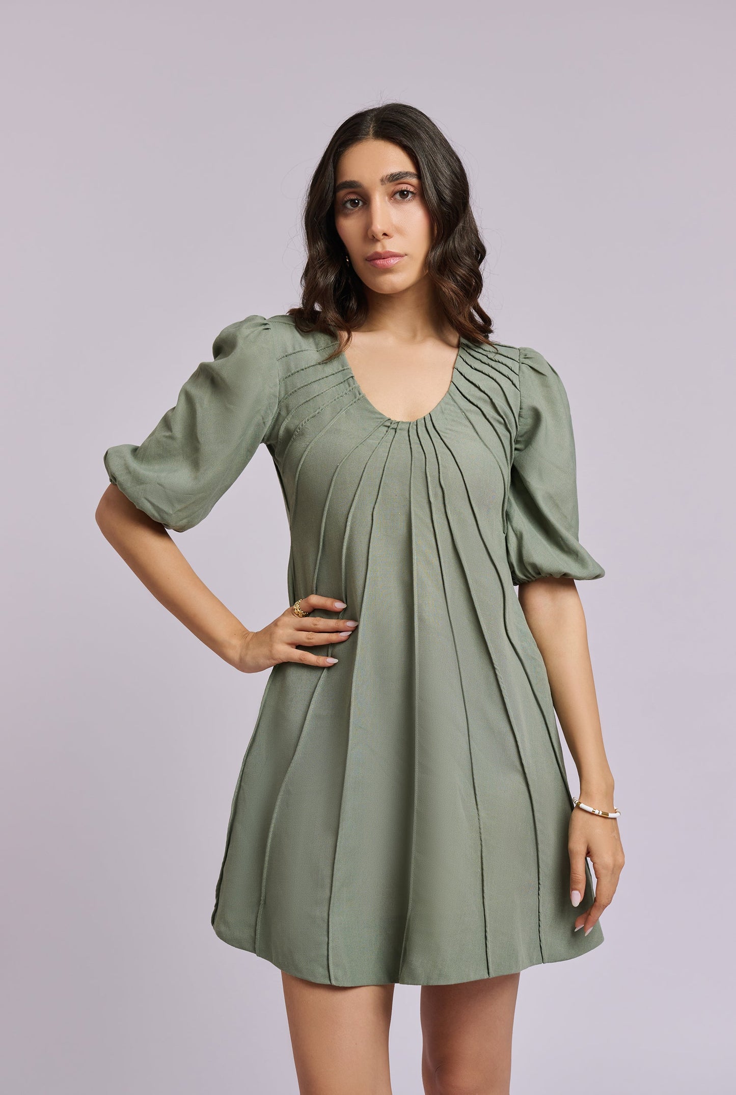 Natalia Green Piping short Dress with Puff Sleeves