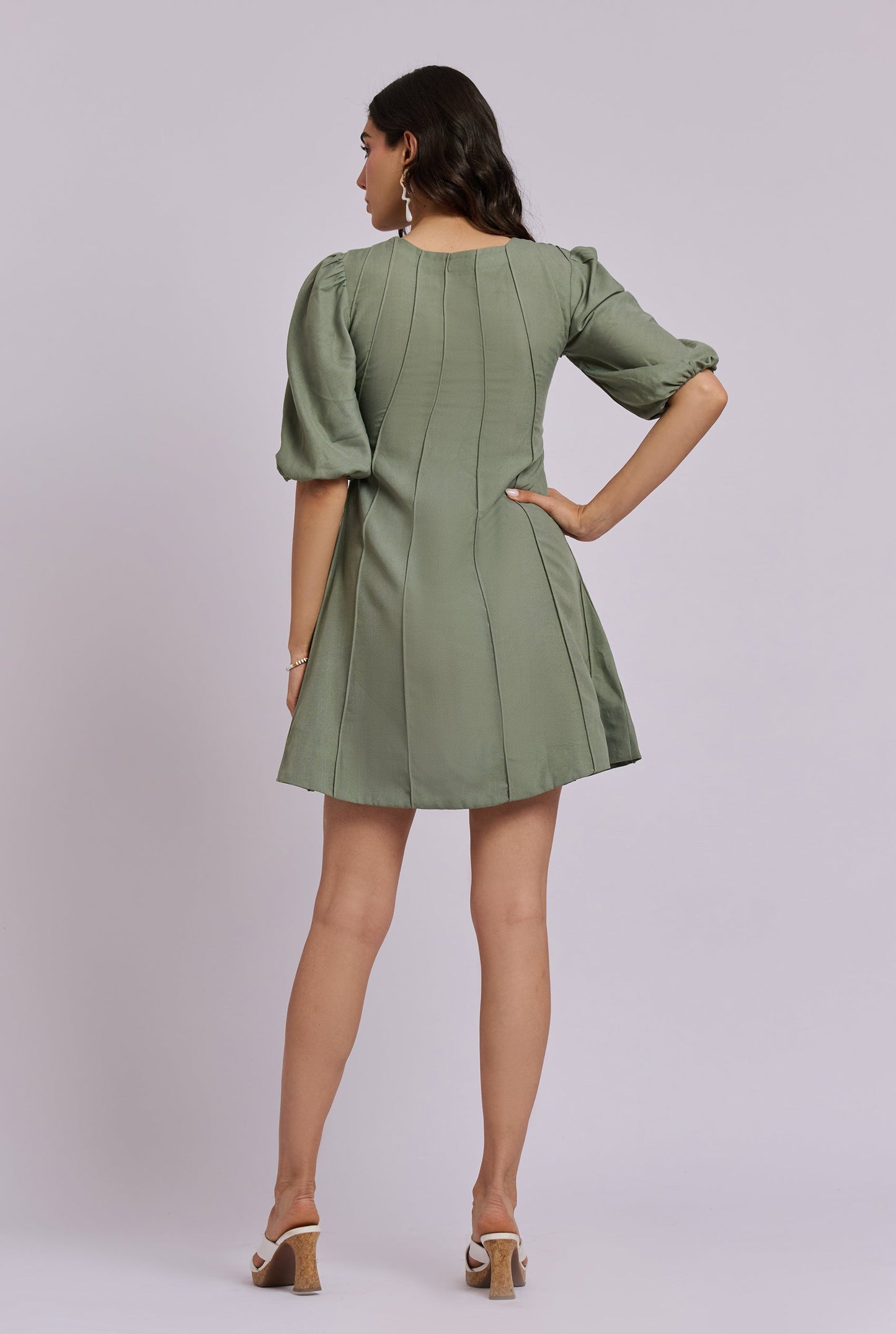 Natalia Green Piping short Dress with Puff Sleeves