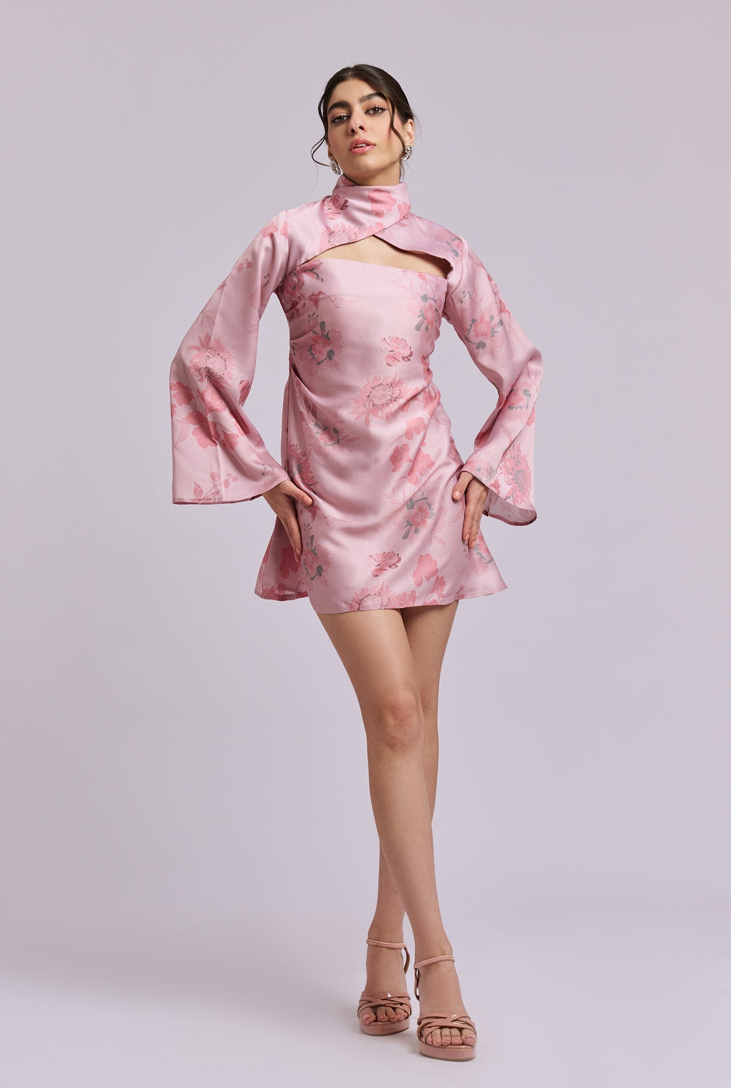 Iris Pink Flower Print Full Sleeve Short Dress with a Criss Cross Collar
