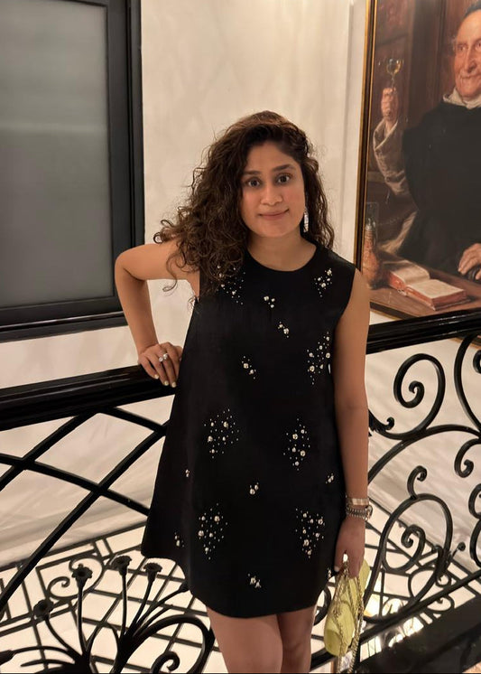 Black Embellished Jacquard Mini Dress