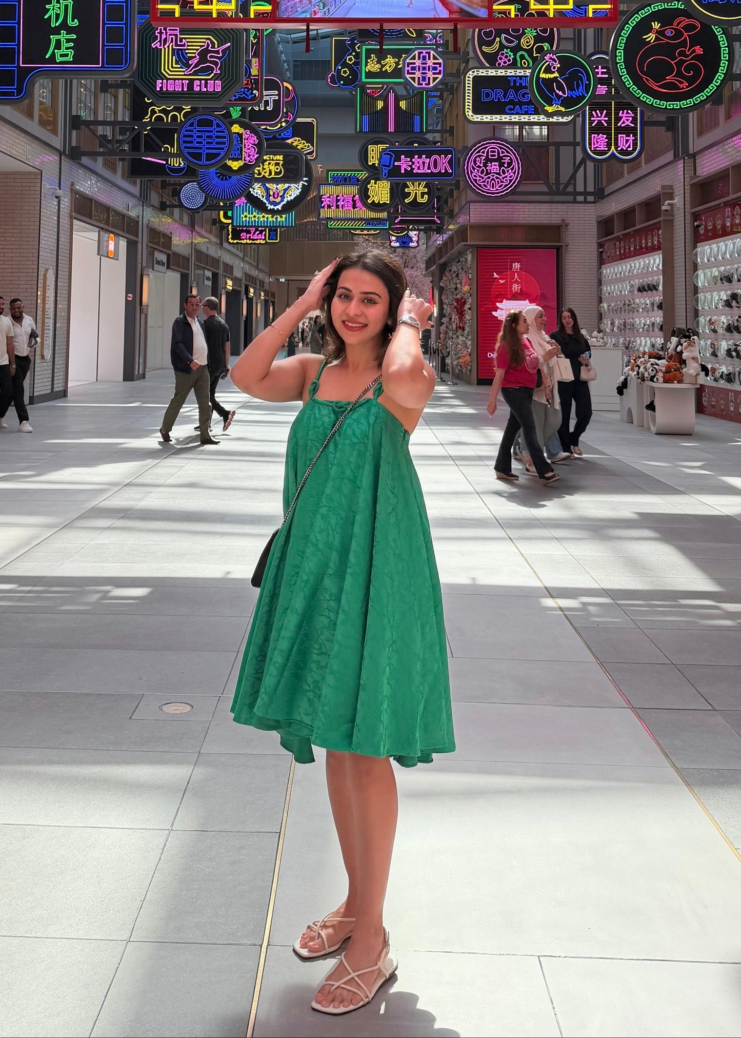 Emerald Green Jacquard Knot Strap Dress