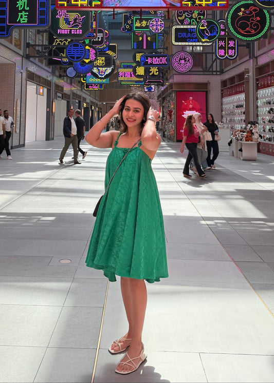Emerald Green Jacquard Knot Strap Dress