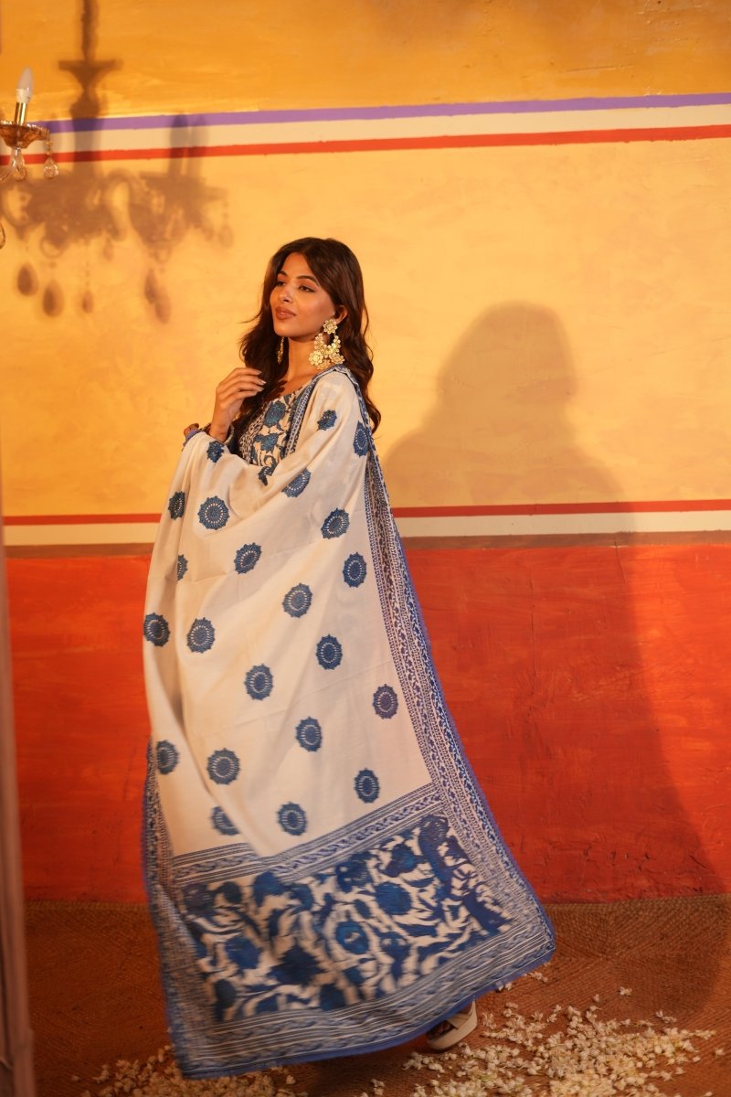 Blue Floral Printed Cotton Garara Set with Dupatta - Outro Studio