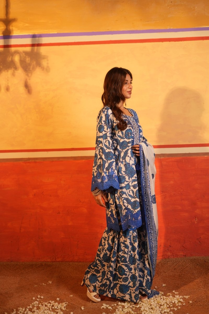 Blue Floral Printed Cotton Garara Set with Dupatta - Outro Studio