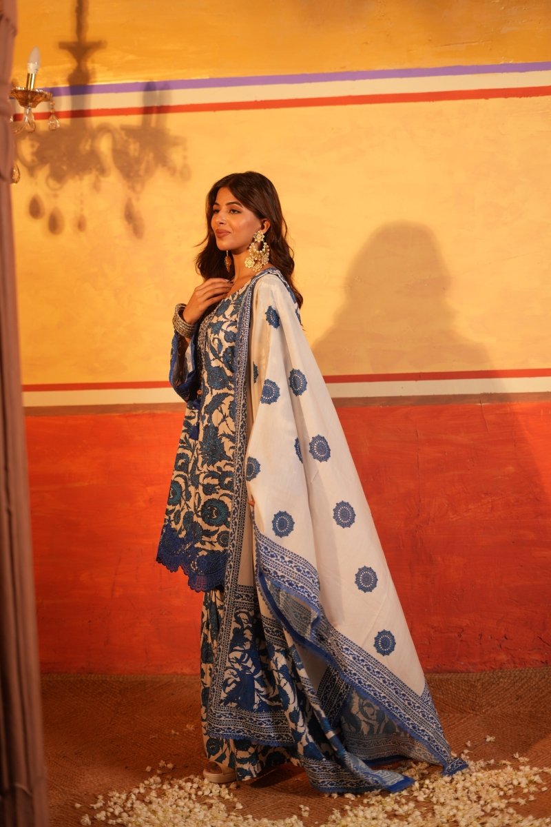 Blue Floral Printed Cotton Garara Set with Dupatta - Outro Studio