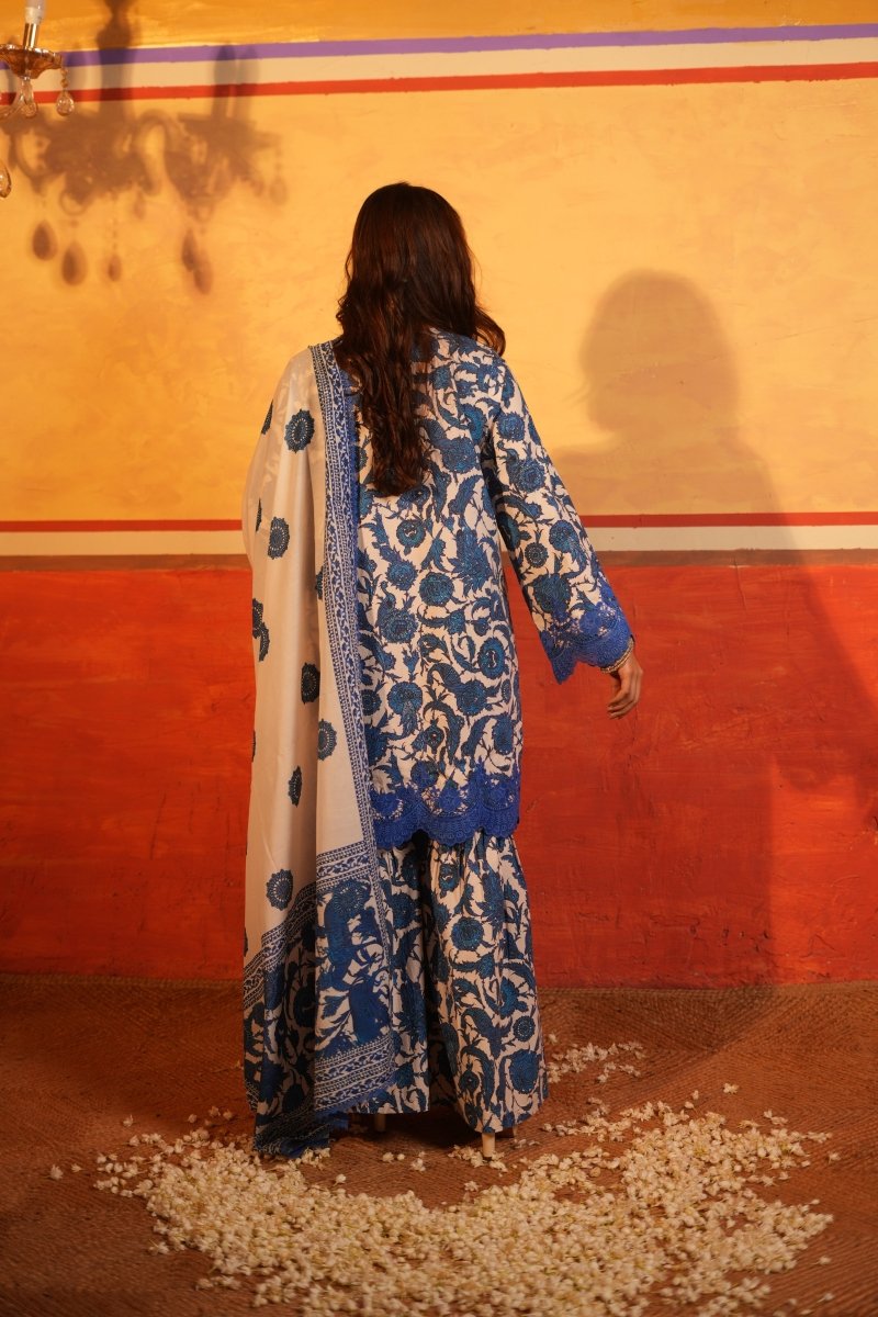 Blue Floral Printed Cotton Garara Set with Dupatta - Outro Studio