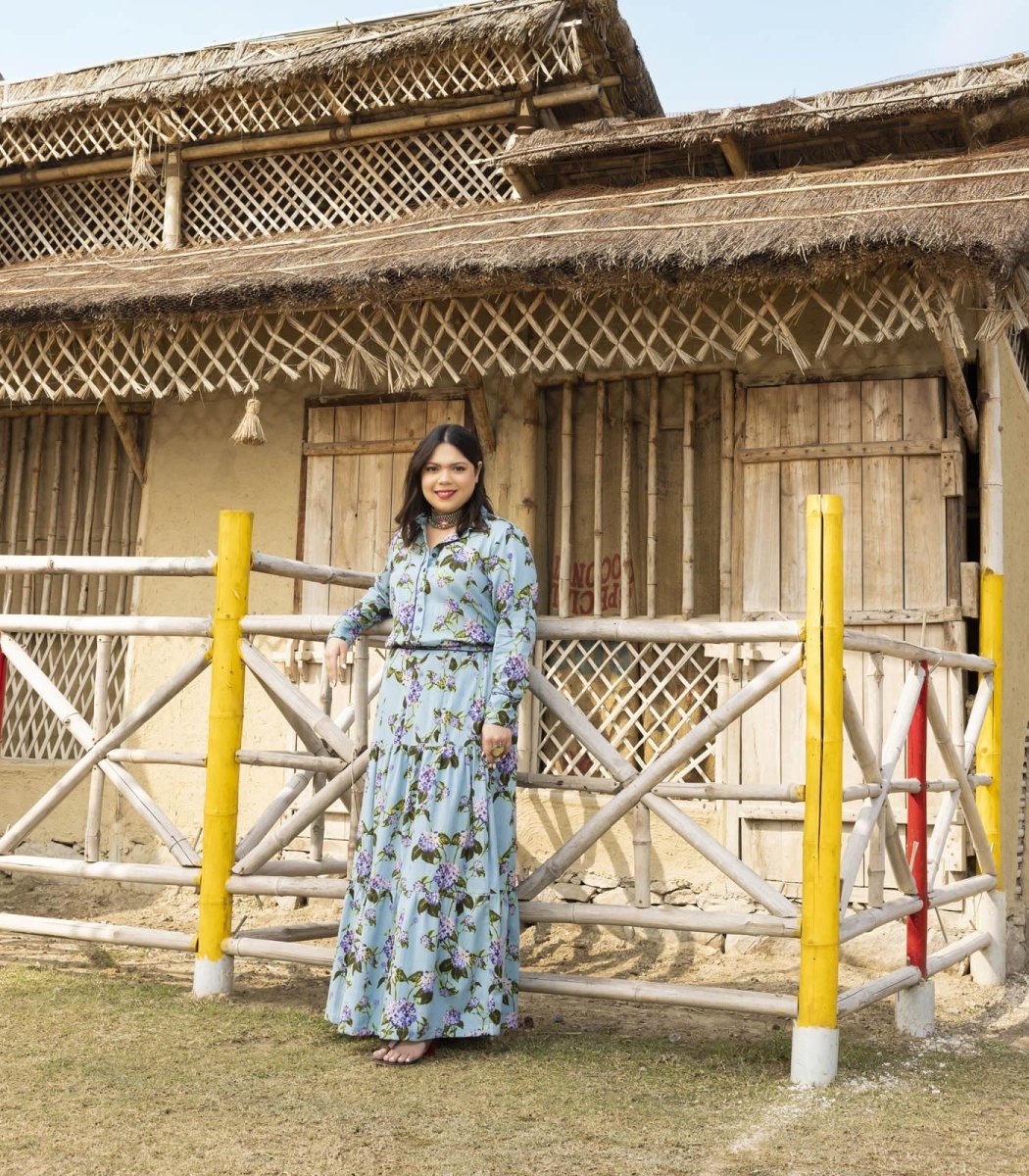 Blue Floral Skirt Set with Shirt - Outro Studio