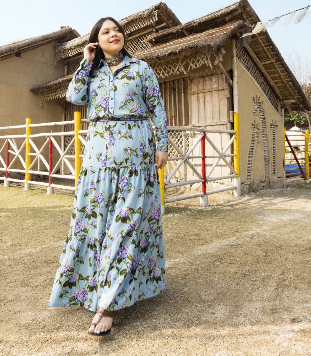 Blue Floral Skirt Set with Shirt - Outro Studio