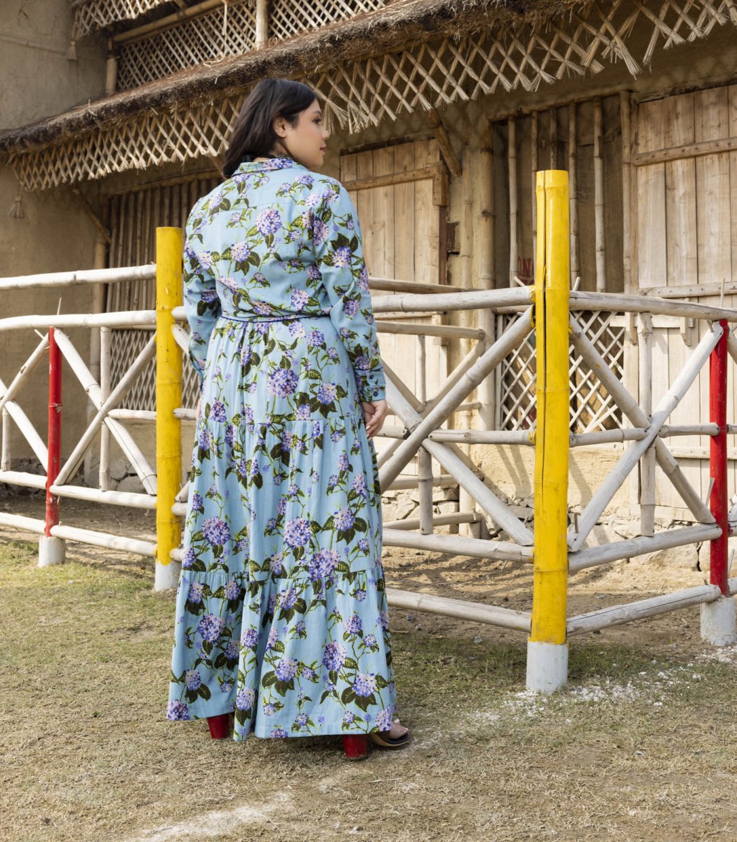 Blue Floral Skirt Set with Shirt - Outro Studio