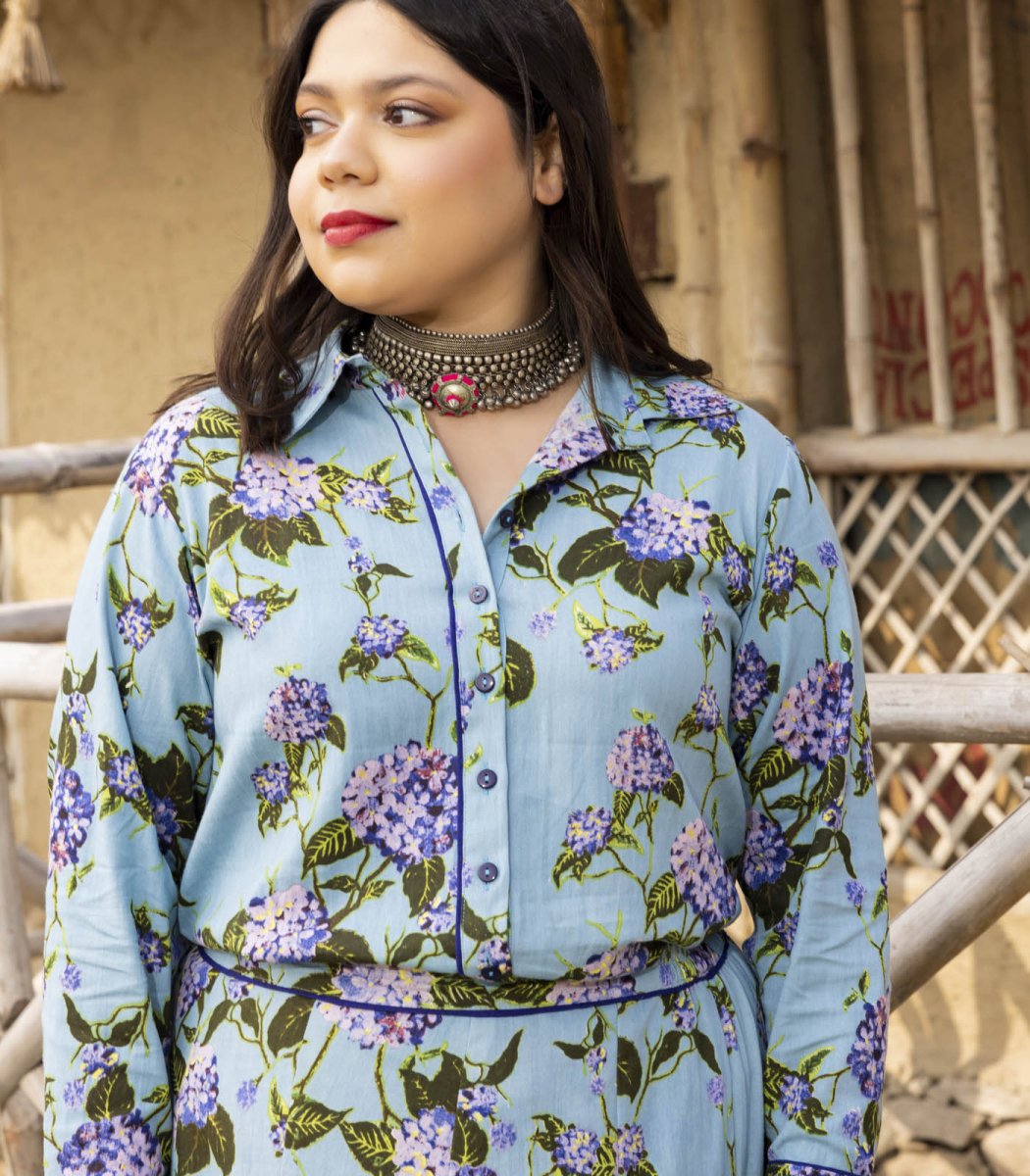 Blue Floral Skirt Set with Shirt - Outro Studio
