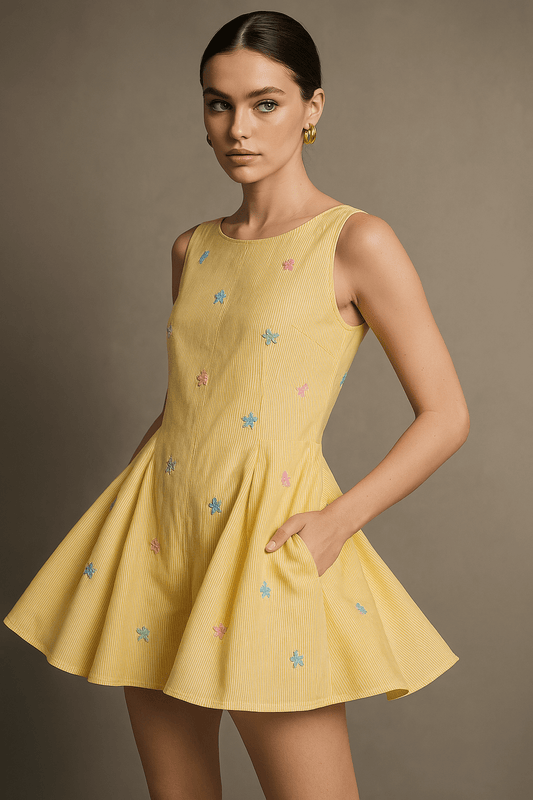 Butterfly Embroidered Flared Romper - Butter Yellow - erised pret