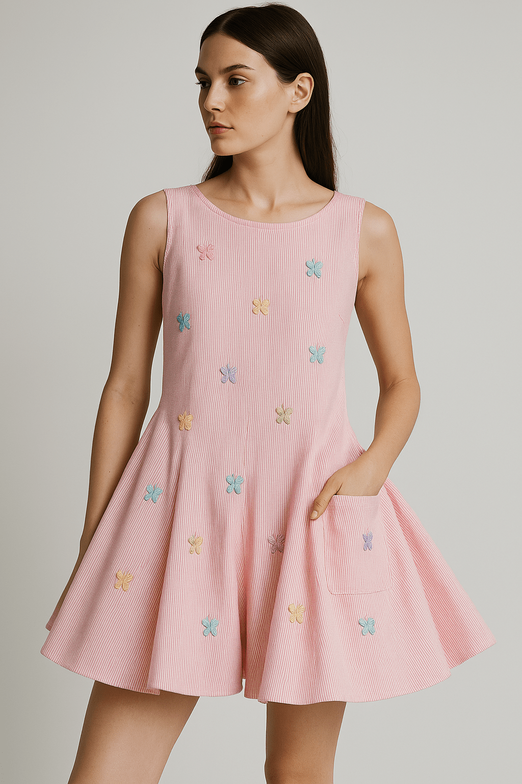 Butterfly Embroidered Flared Romper - Rose - erised pret