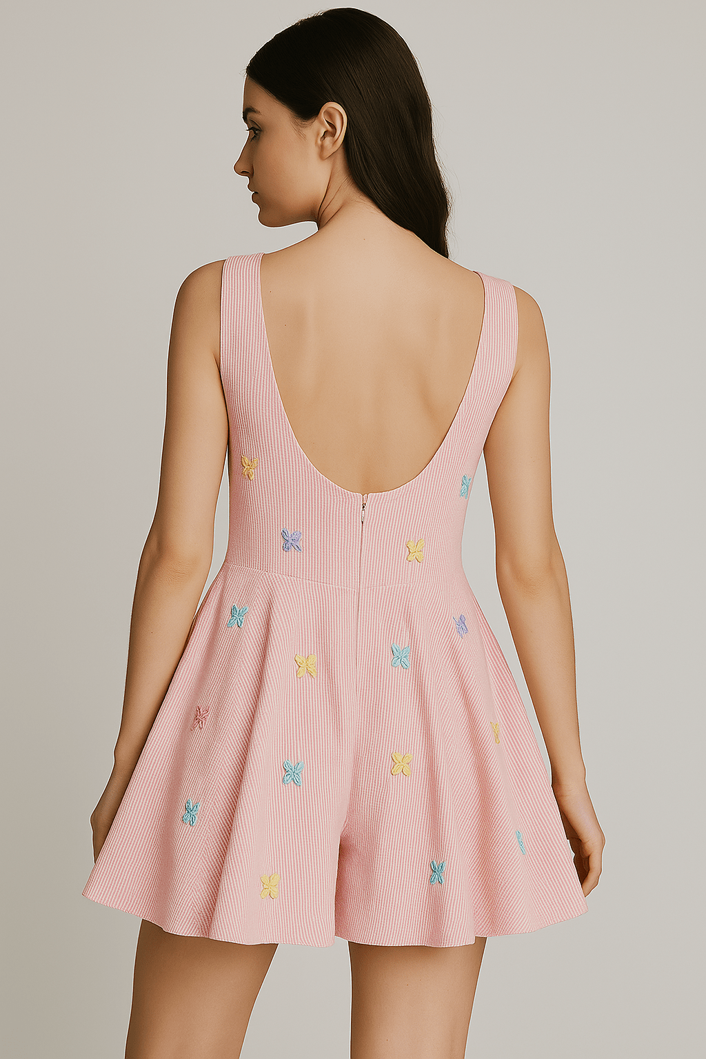 Butterfly Embroidered Flared Romper - Rose - erised pret