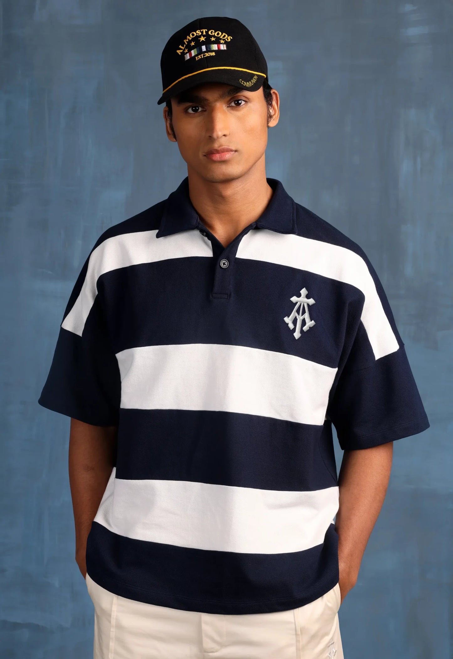 Alpha Cross Woven Striped Polo in Navy and White