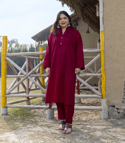 Deep Maroon Cotton Long Kurta - Outro Studio