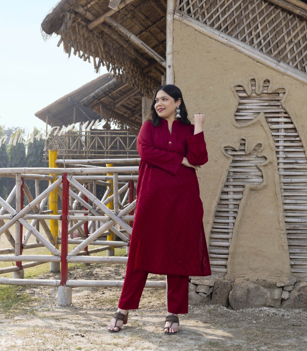 Deep Maroon Cotton Long Kurta - Outro Studio
