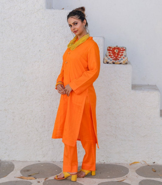 Electric Orange Cotton Long Kurta - Outro Studio