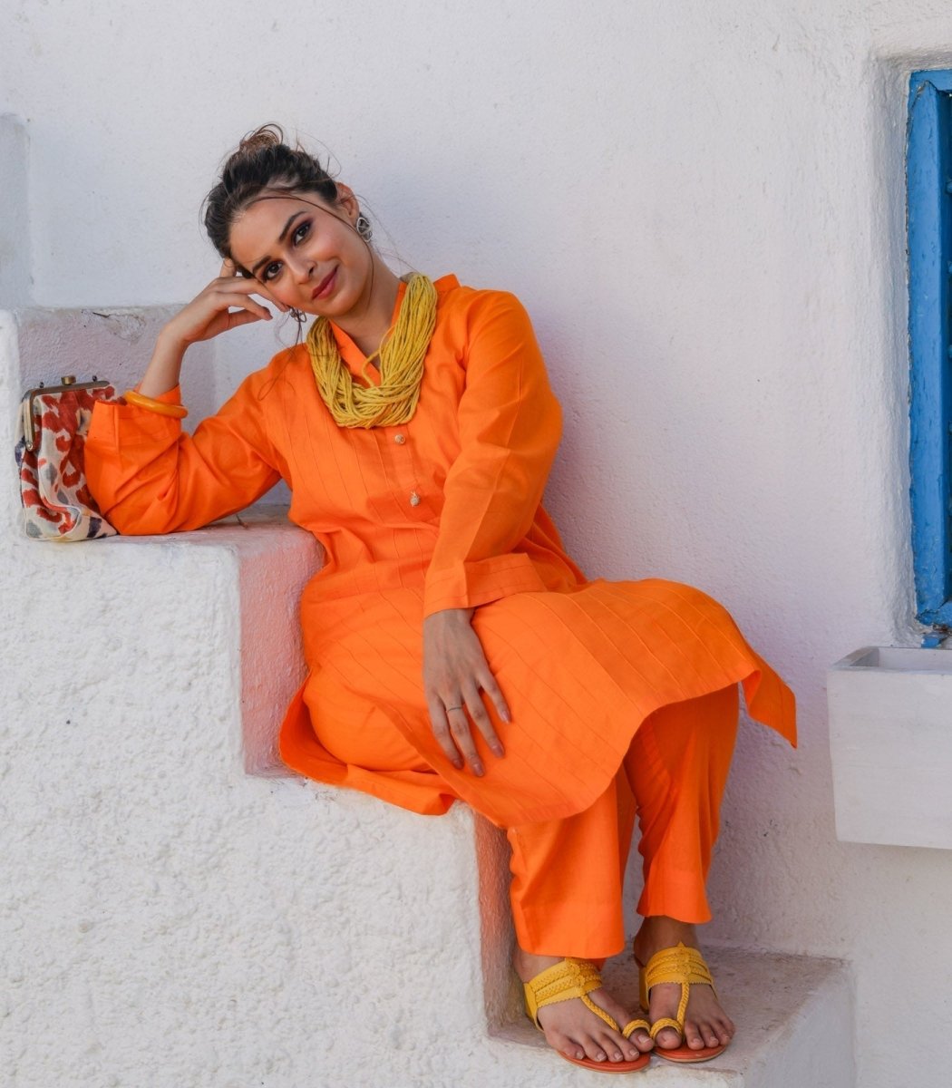 Electric Orange Cotton Long Kurta - Outro Studio